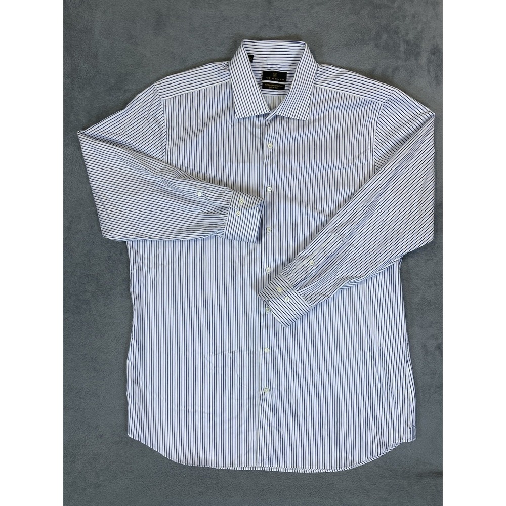 Ike Behar Shirt Mens XL 17 White Blue Striped Long Sleeve Button Up Collared